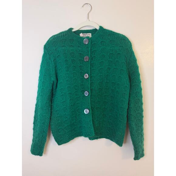 Vintage Womens Dotty Man Mohair Blend Kelly Green Pinup Rockabilly Twee Cardigan - Picture 1 of 9